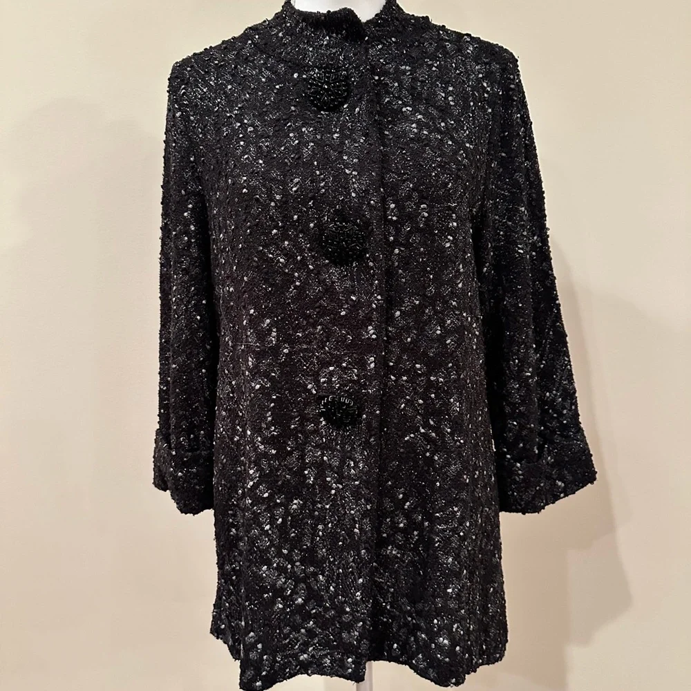 JM Collection Black Coat with Textured Design - Picture 1 of 5